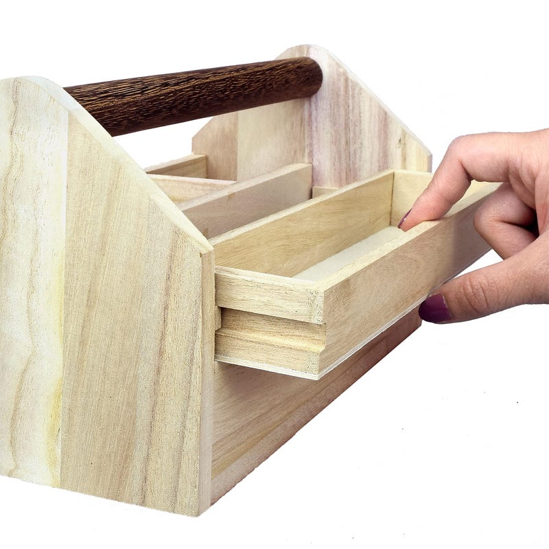 Ikee Design Small Natural Wood Color Wooden Craft Tool Box Caddy with a Handle for Storage Tool, Makeup, Collections with 5 Compartments for Storage and Organizing, 10 W x 5.1 D x 3.5 H in - Image 5